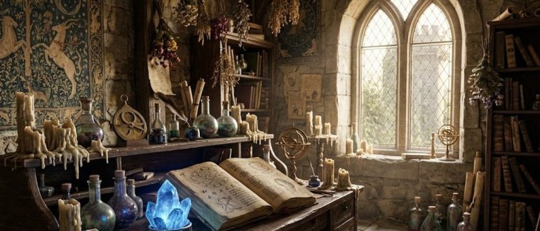 Рабочий кабинет чародейки с книгой заклинаний, свечами и зельями