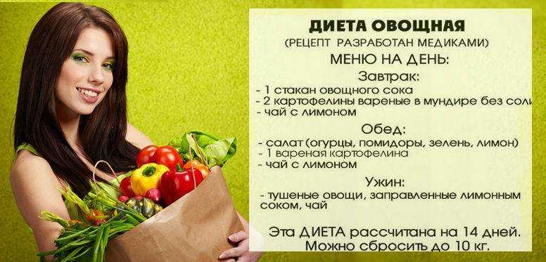 овощная диета для похудения Меню на 1, 5, 7, 21 день, 2 недели и месяц Белково-, фруктово-овощная диета и другие варианты